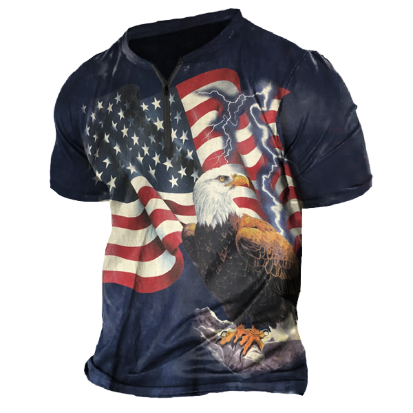 Men's Vintage American Flag Chic Liberty Eagle Print Zipper Neck T-shirt