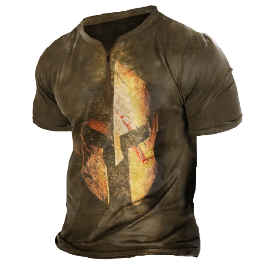 

Men's Vintage Print Casual Zipper Henley Collar Short Sleeve T-Shirt