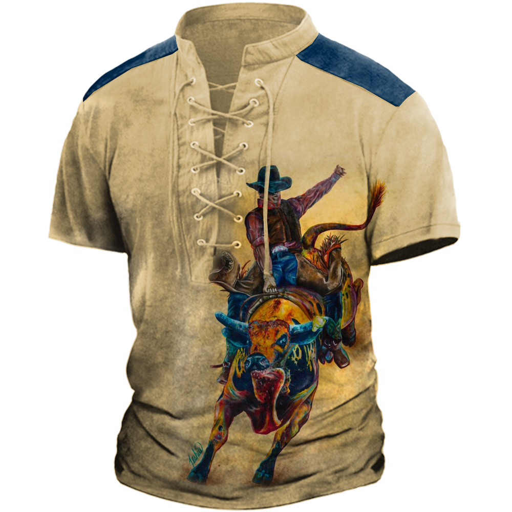 Men's Vintage Western Cowboy Chic Tie Stand Collar T-shirt