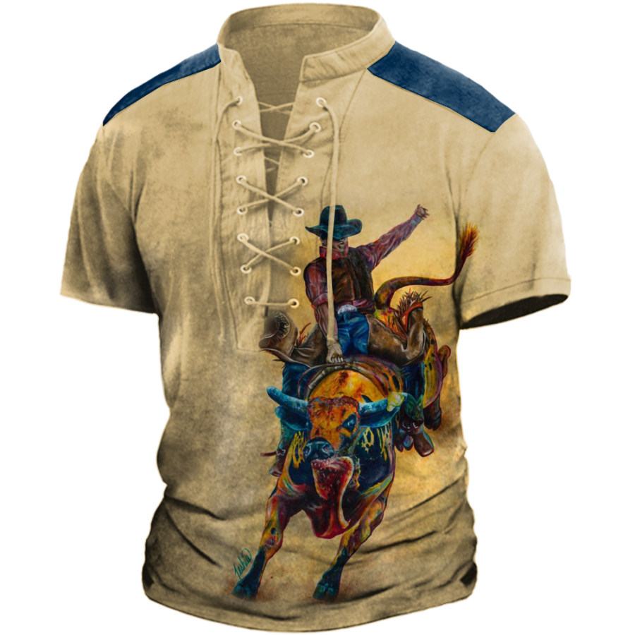 

Men's Vintage Western Cowboy Tie Stand Collar T-Shirt