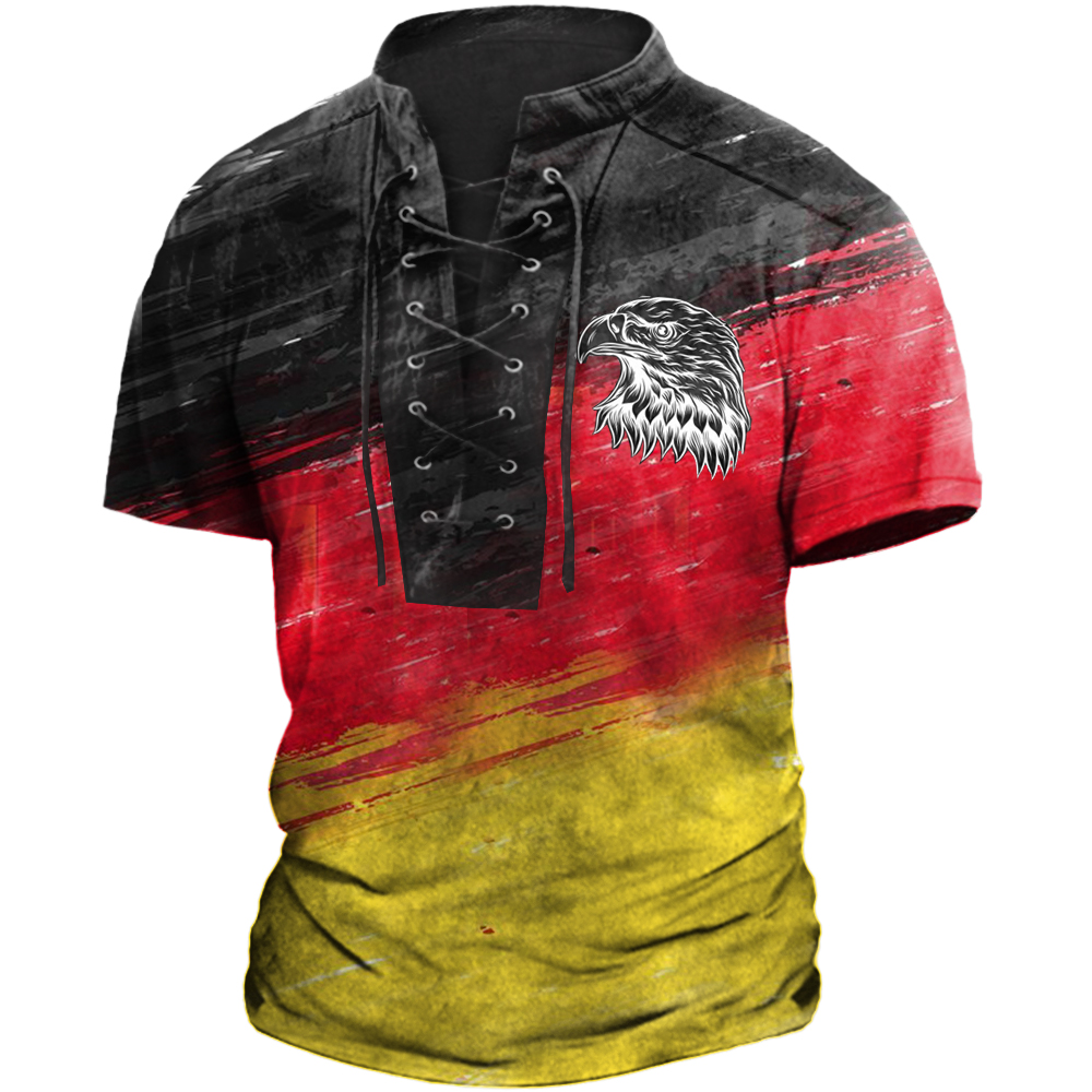 Men's Vintage German Flag Chic Eagle Print Tie Stand Collar T-shirt