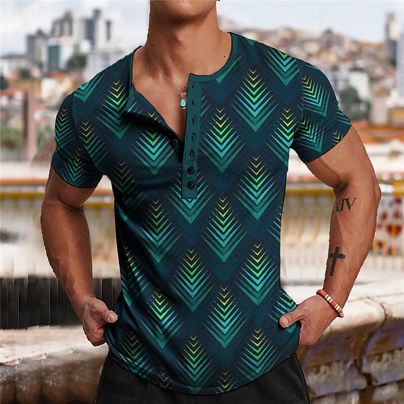 Men's Outdoor Graphic Geometric Chic Short Sleeve Henley Shirt Tee