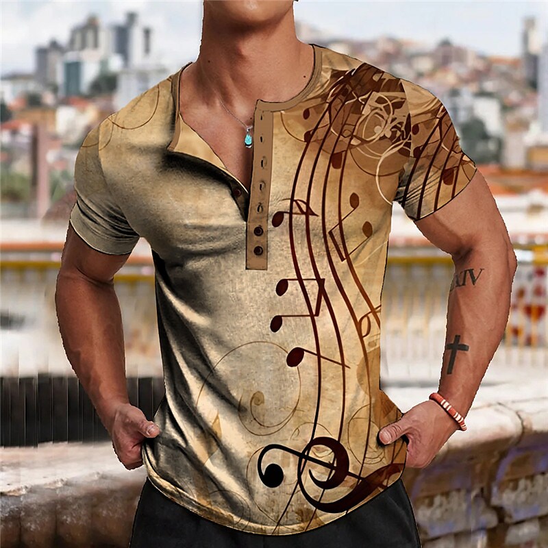 Men's Outdoor Musical Notes Chic Printed Short Sleeve Henley Shirt Tee