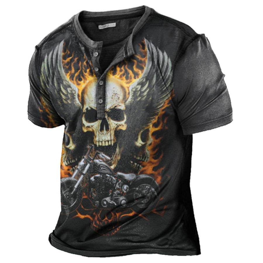 

Men's Vintage Skull Motorcycle Print Henry T-Shirt