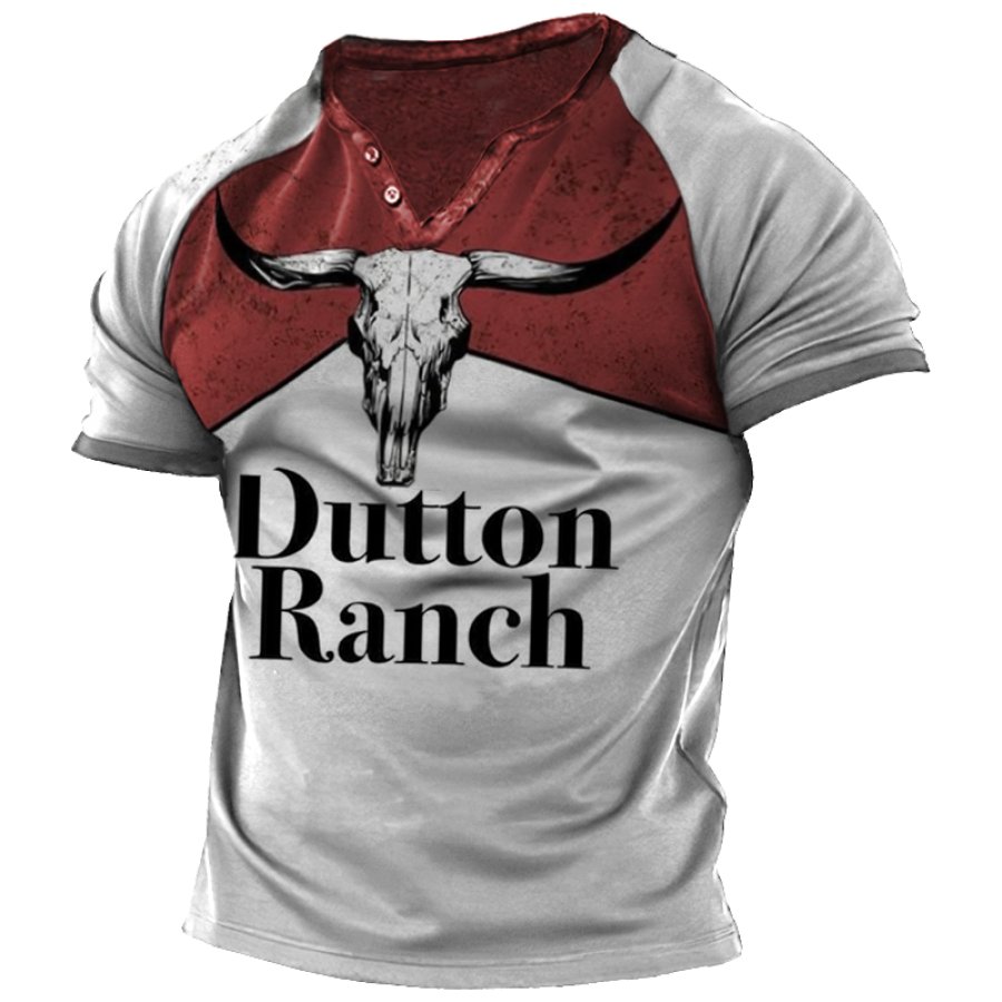 

Men's Vintage Yellowstone Dutton Ranch Button-Up Collar Print T-Shirt