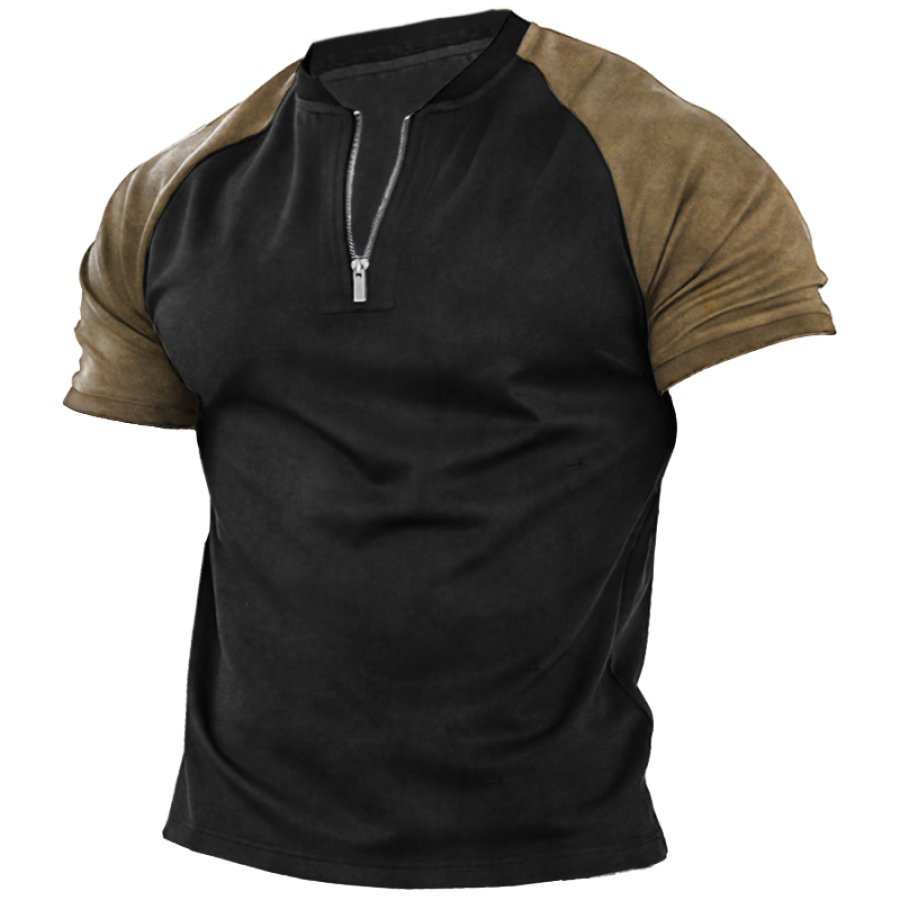 

Men's Retro Color Block Zip Collar T-shirt POLO