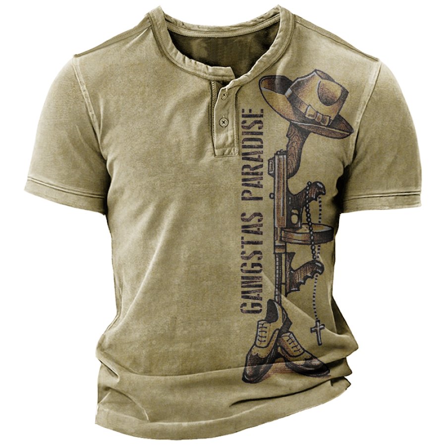 

Men's Vintage Military Tactical Print Henley Collar T-Shirt