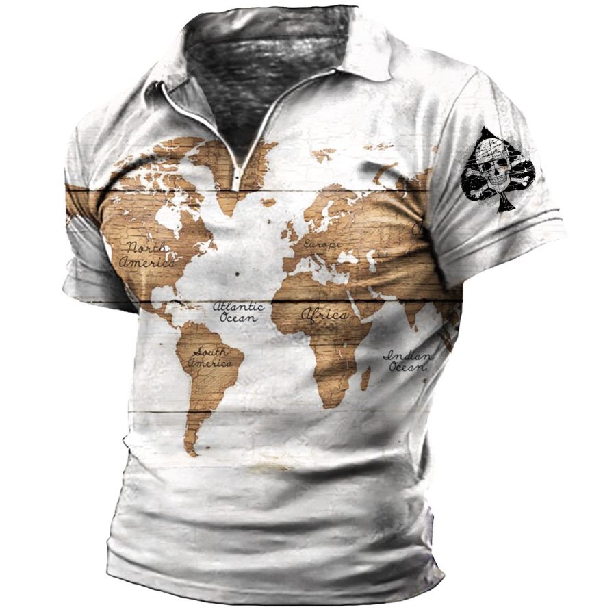 

Men's Vintage World Map Skull Print Zip Polo T-Shirt