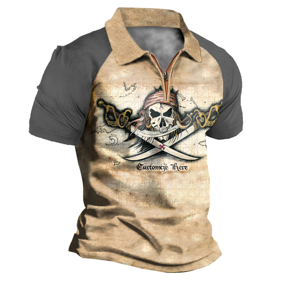 

Men's Vintage Pirate Skull Crossbones Print Zip Polo T-Shirt