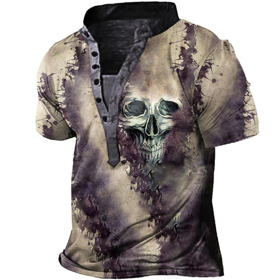 

Men's Vintage Skull Print Henley T-Shirt