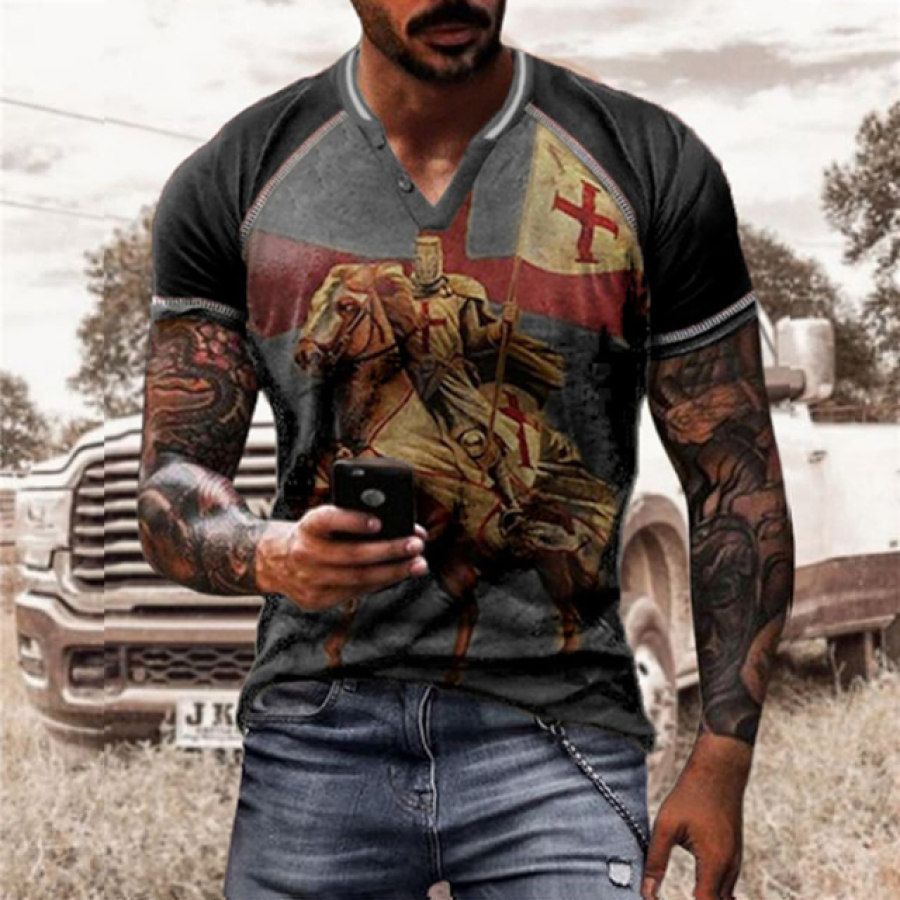 

Men's Vintage Templar Raglan Sleeve Print Henley T-Shirt