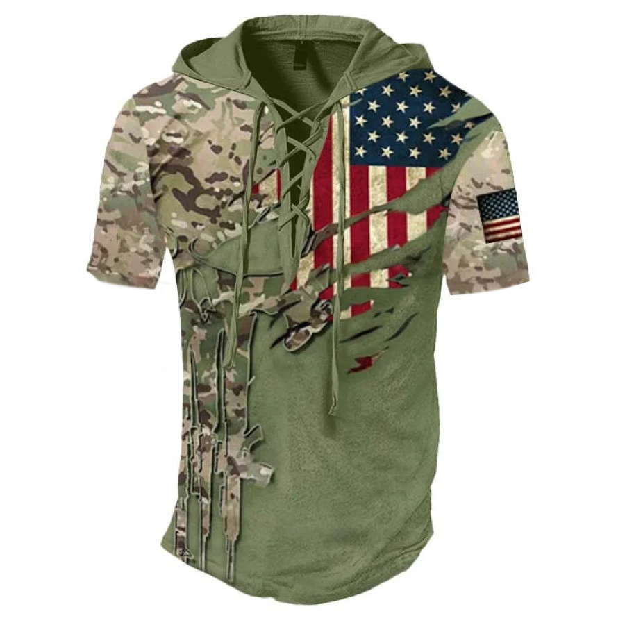 

Men's American Flag Print Hoodie Drawstring T-Shirt
