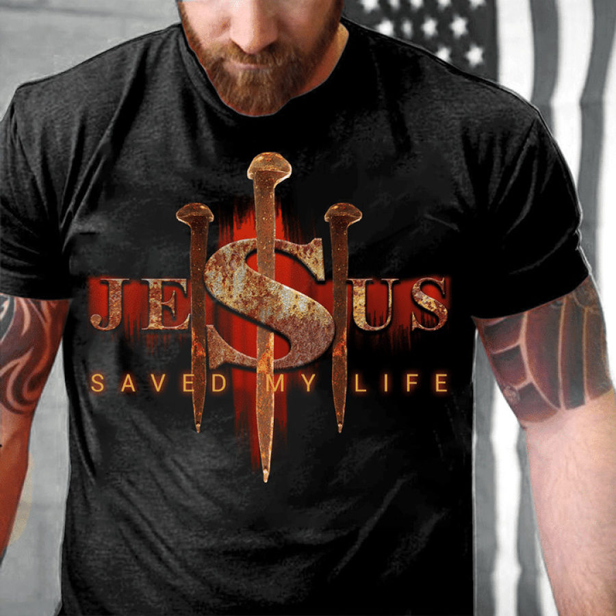 

Men's Vintage Jesus Cross Print Cotton Tee