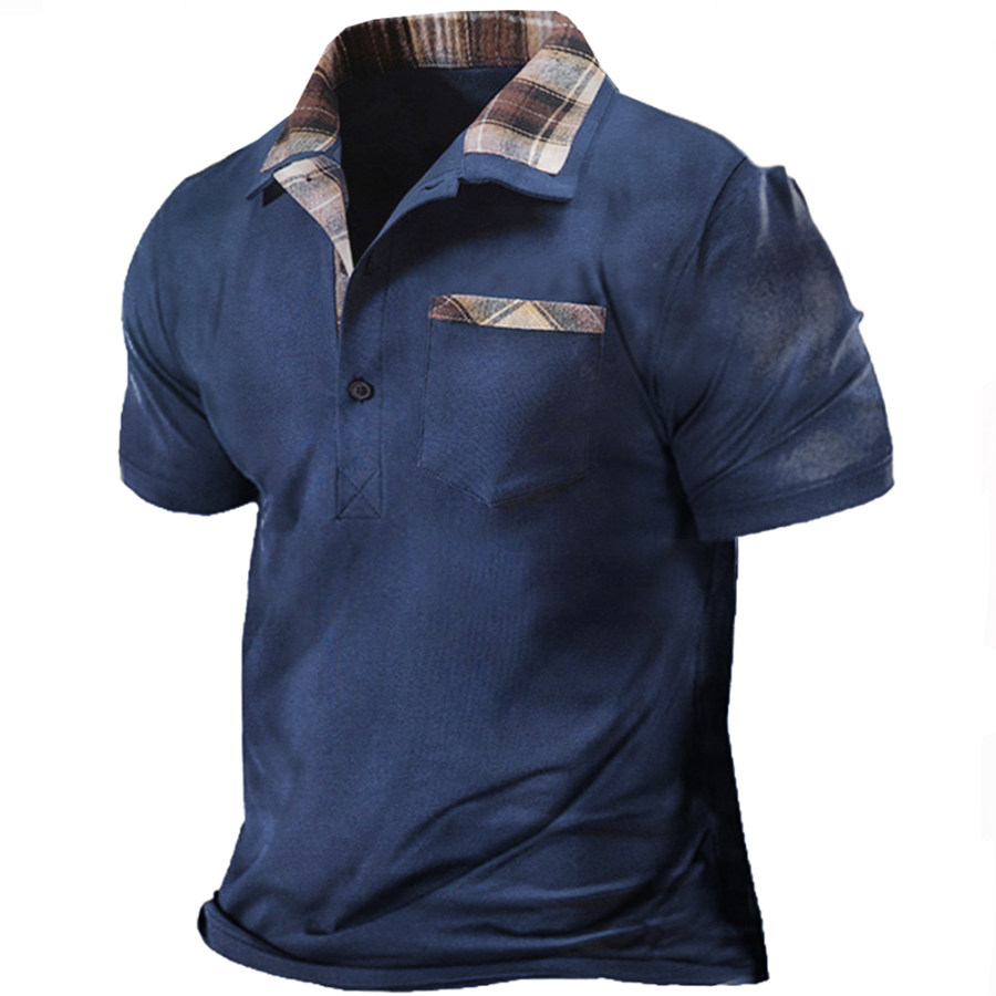 

Men's Vintage Plaid Pocket Polo Neck T-Shirt