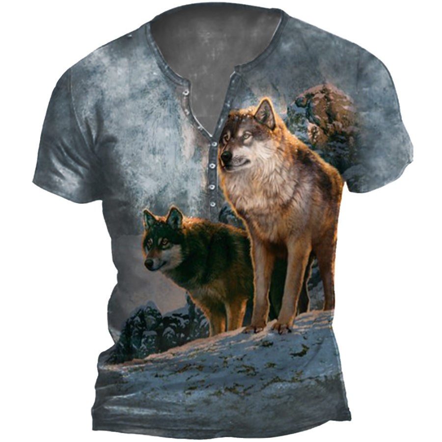 

Men's Outdoor Mountain Wolf Print Henley Collar T-Shirt