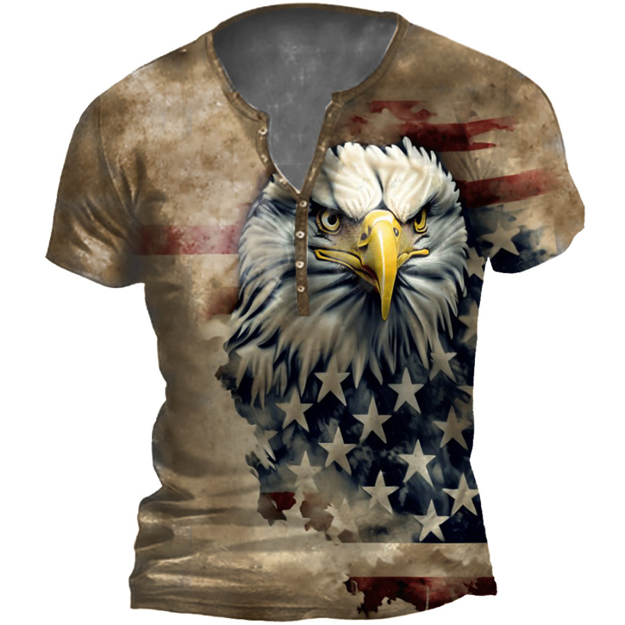 

Men's Vintage American Flag Eagle Print Henley Collar T-Shirt