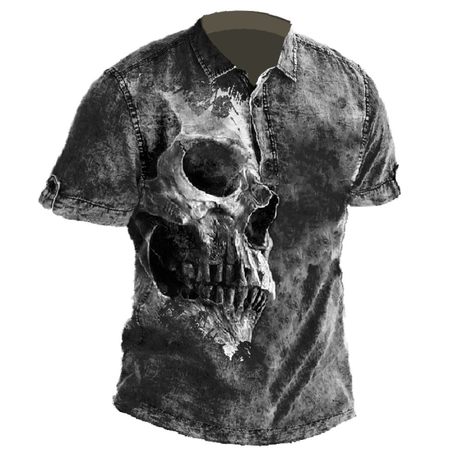 

Men's Dark Gothic Skull Print Polo Neck T-Shirt