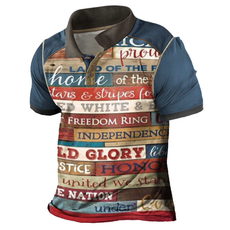 

Men's Vintage American Flag Letter Print Color Block Polo T-Shirt