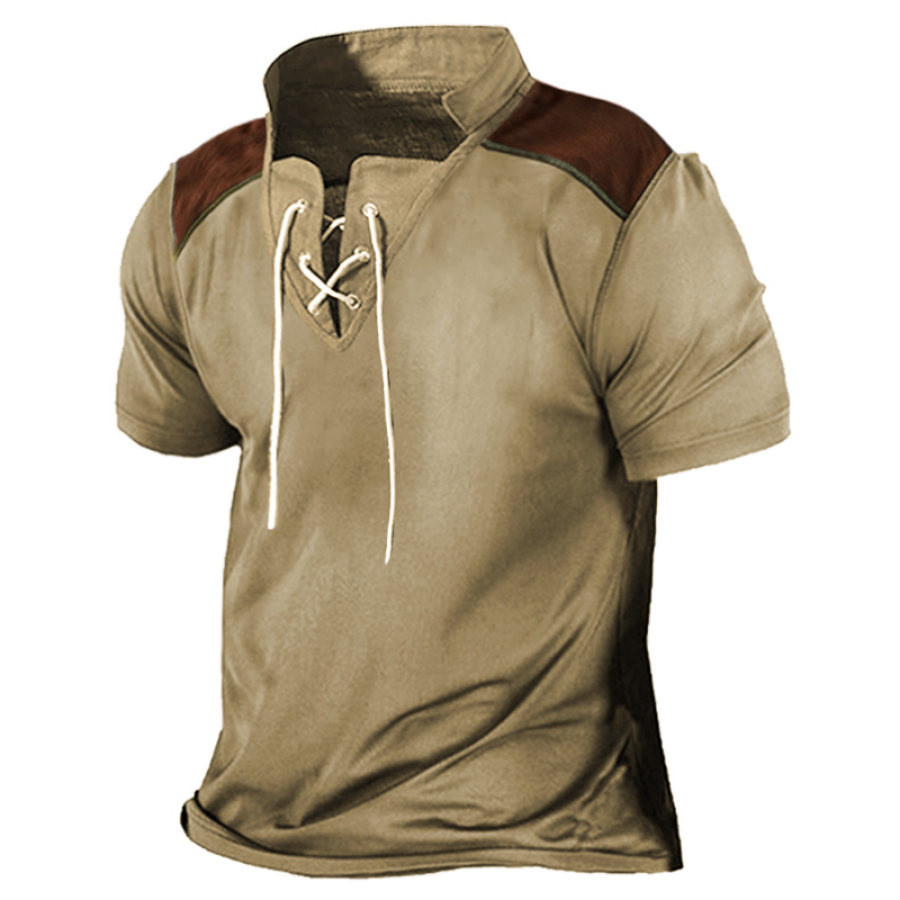 

Men's Retro Color Block Lace Up Casual T-Shirt