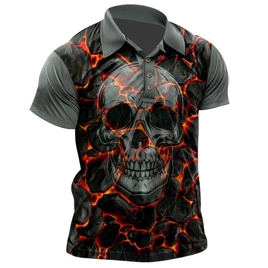 

Men's Vintage Skull Flame Print Polo T-Shirt