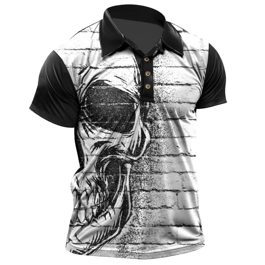 

Men's Vintage Skull Print Polo T-Shirt
