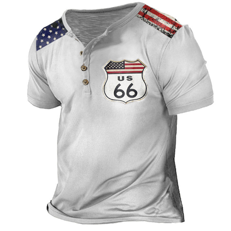 

Men's Vintage Route 66 American Flag Henley Collar T-Shirt