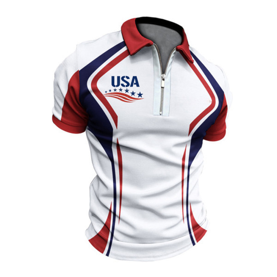 

Men's Outdoor USA American Flag Print Zipper Polo Shirt