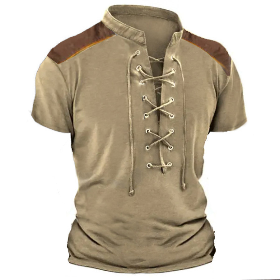 

Plus Size Men's Retro Lace Up Casual Short Sleeve T-Shirt