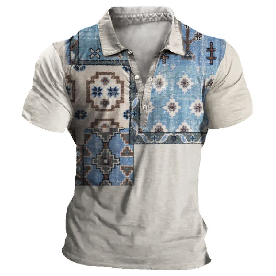 

Men's Retro Ethnic Pattern Contrast Color Stitching Print Polo Shirt