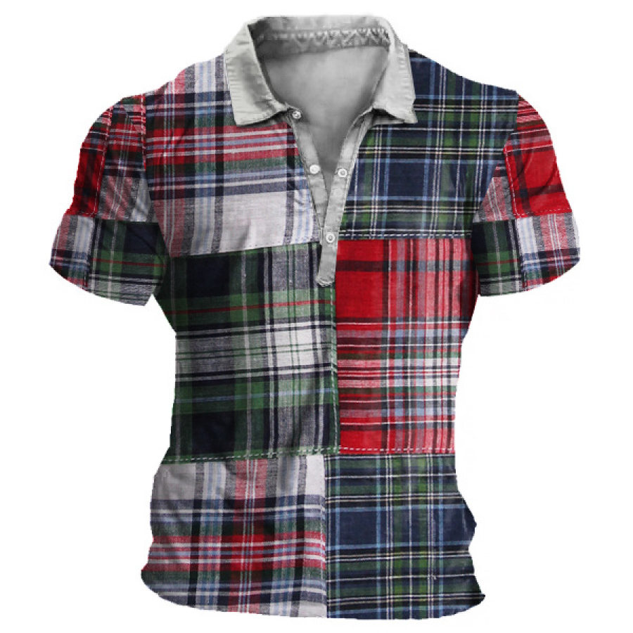 

Men's Vintage Panel Check Print Polo Shirt