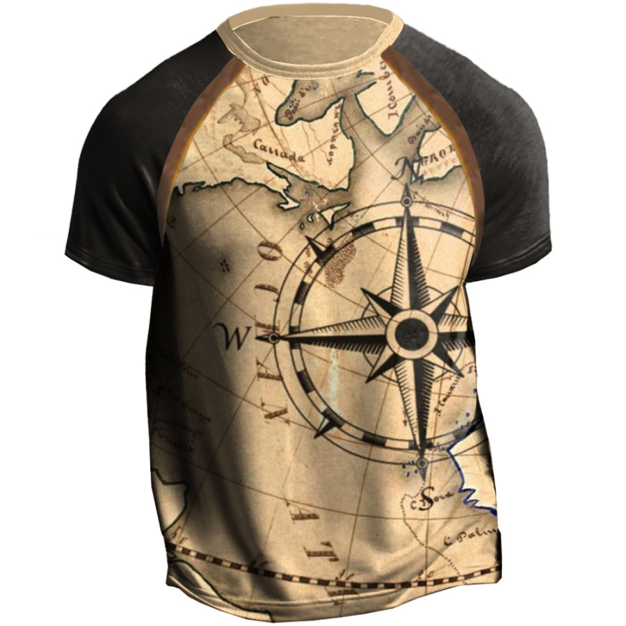 

Men's Vintage World Map Compass Print Block T-Shirt