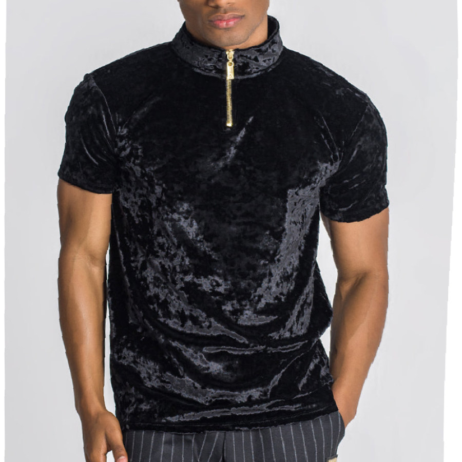 

Men's Velvet Fabric Zipper Stand Collar T-Shirt