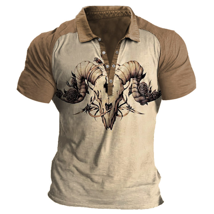 

Men's Vintage Skeleton Western Bull Skull Print Lapel T-Shirt