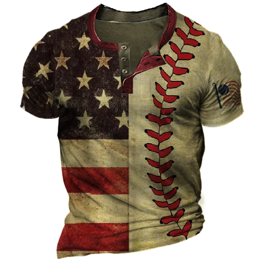 

Men's Vintage American Flag Baseball Henley Collar T-Shirt