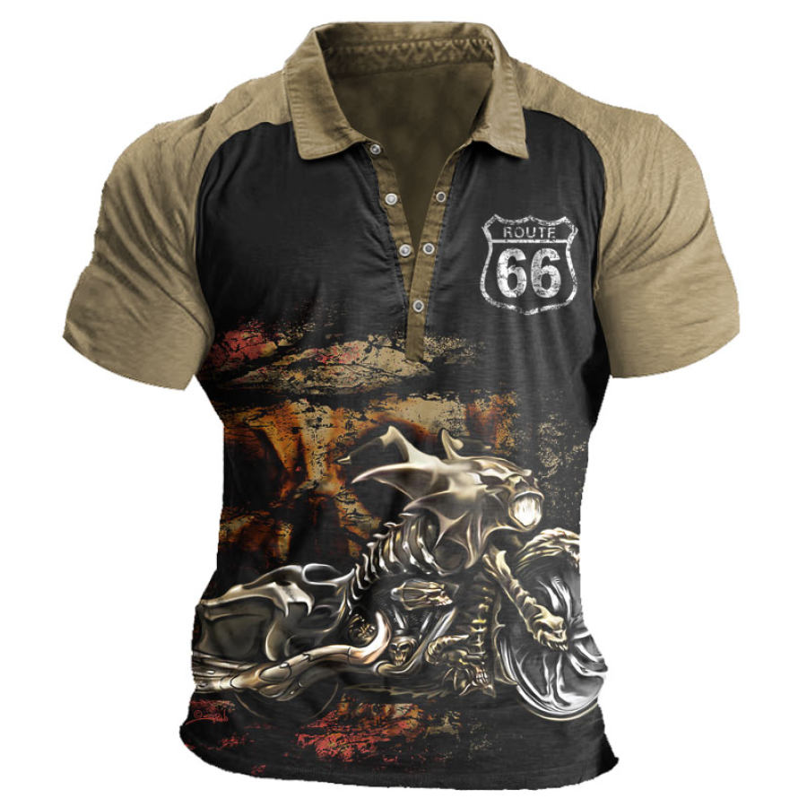 

Men's Vintage Skull Motorcycle Route 66 Lapel T-Shirt