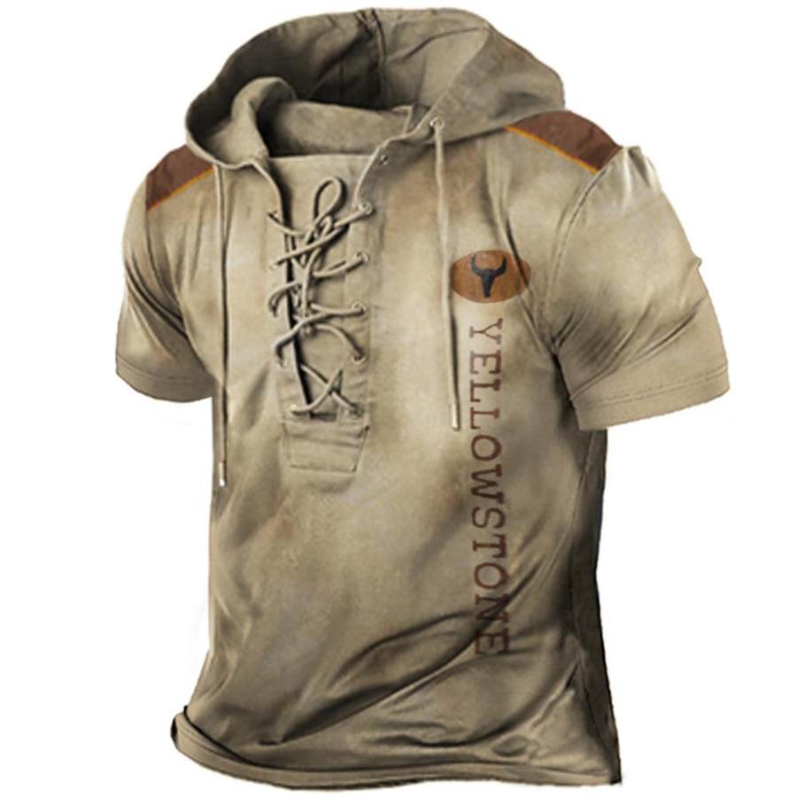 

Men's Vintage Yellowstone Print Lace-Up Hooded T-Shirt