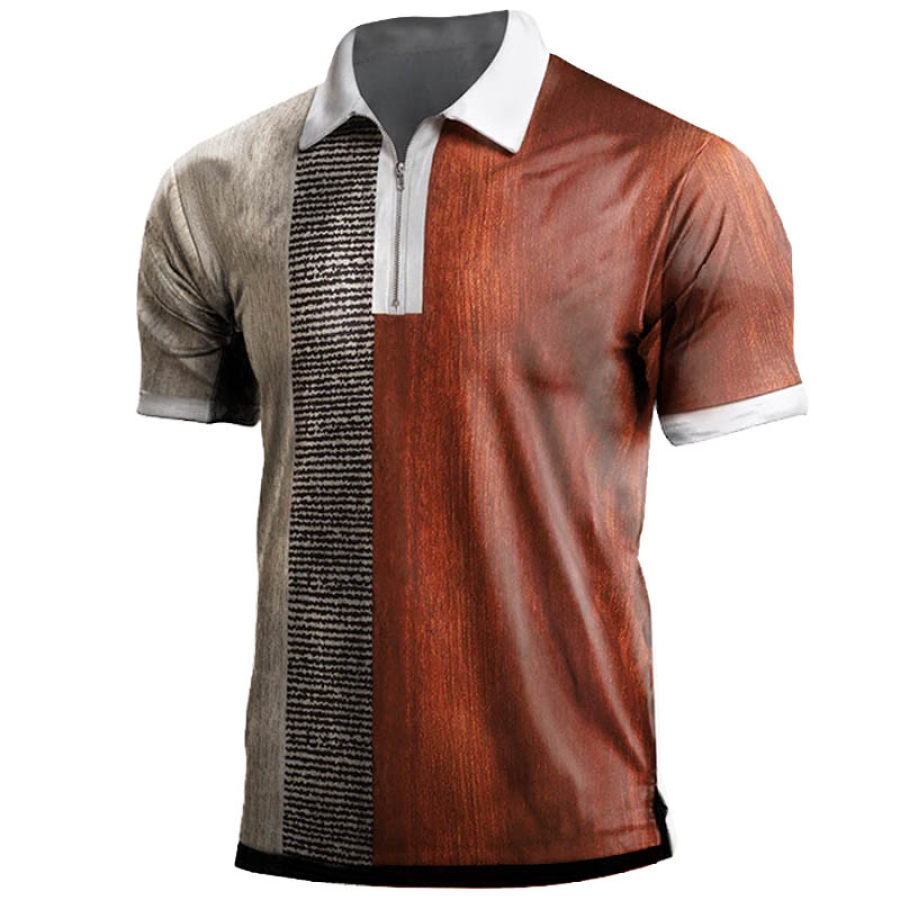

Men's Vintage Color Block Print Zip Polo T-Shirt