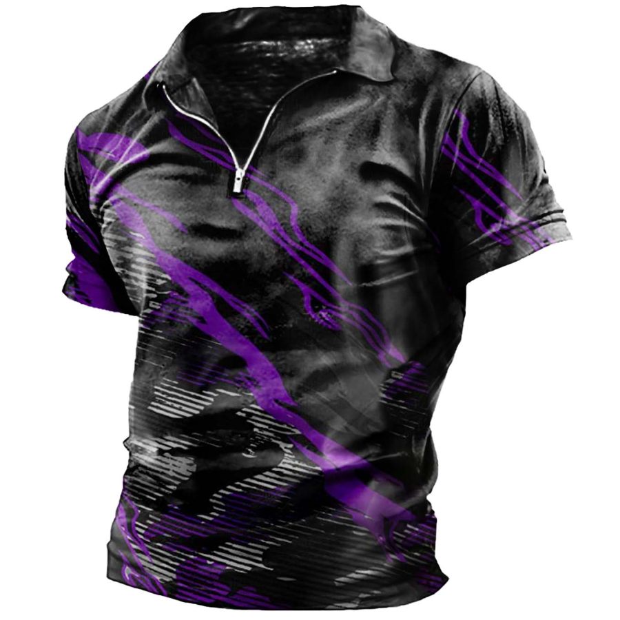 

Men's Vintage Colorblock Print Zip Polo T-Shirt