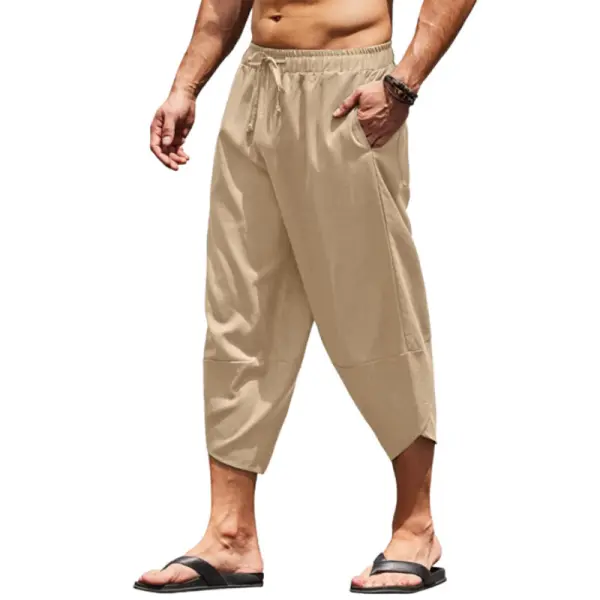 Men's Cotton Linen Solid Color Loose Drawstring Cropped Pants - Blaroken.com 
