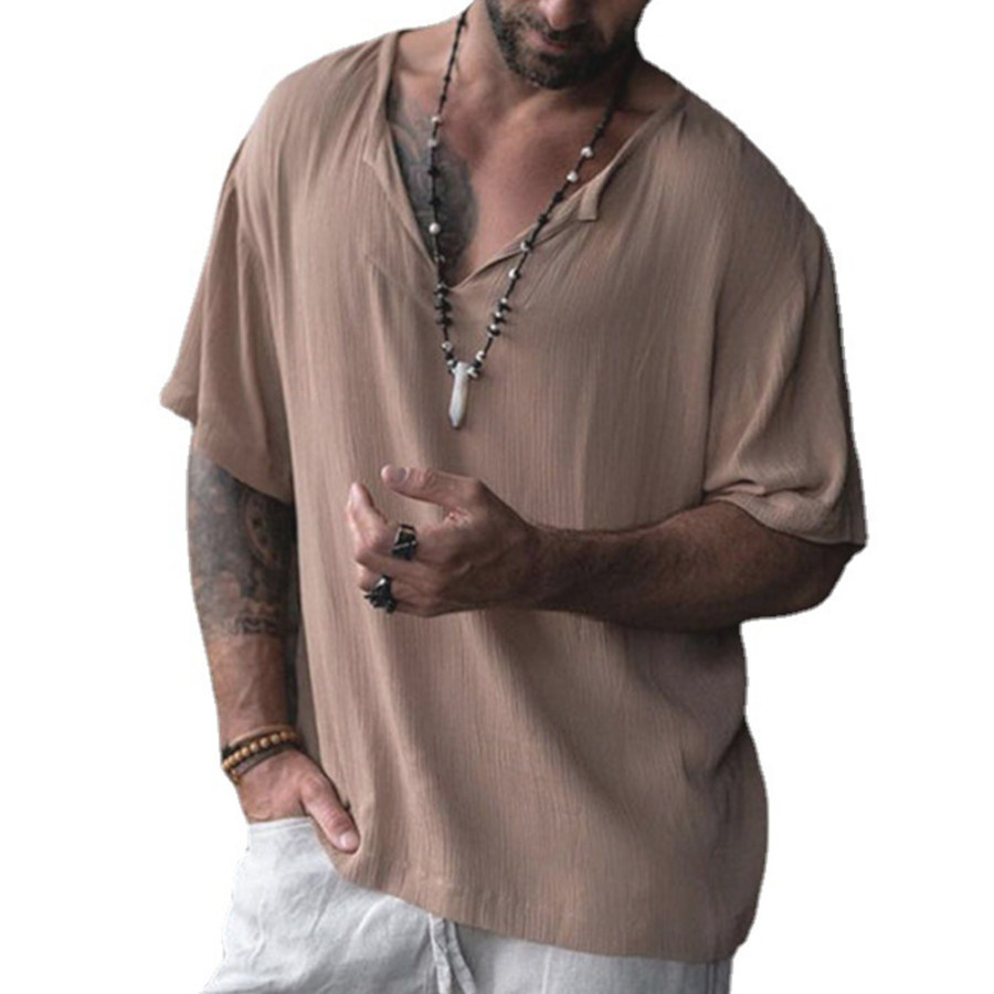 

Men's Vintage Cotton Linen V-neck Short-sleeved Shirt