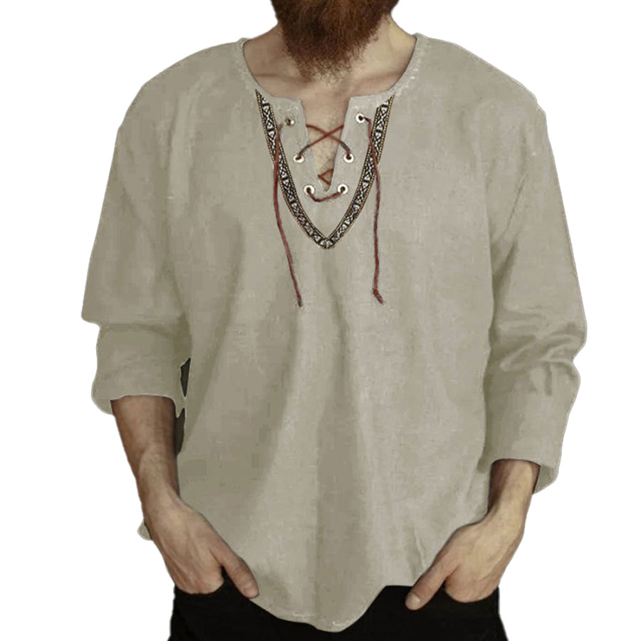 

Men's Vintage Ethnic Linen Drawstring Stand Collar Shirt