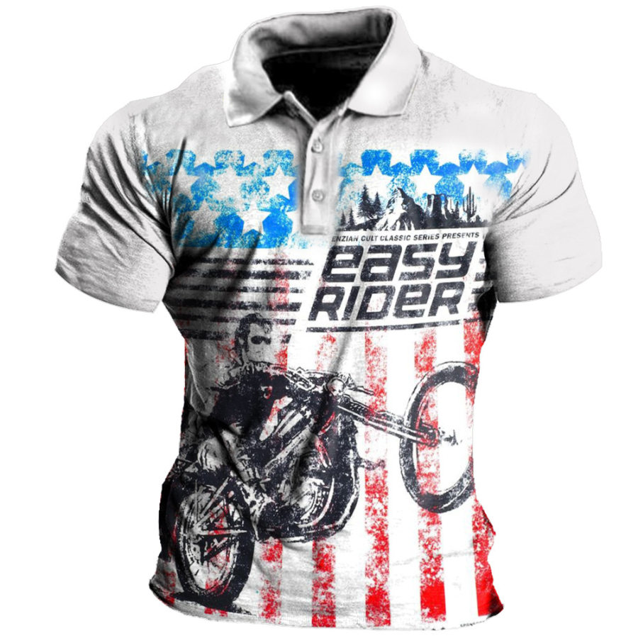 

Men's Vintage Motorcycle Print Polo Neck T-Shirt
