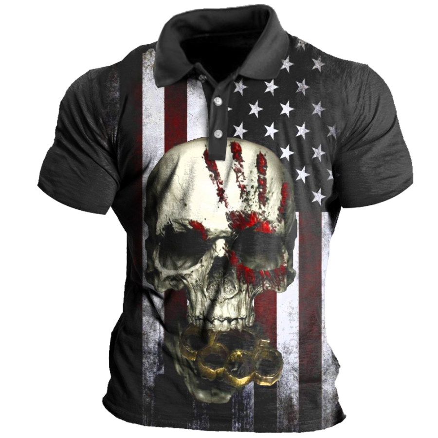 

Men's Vintage American Flag Skull Print Polo Neck T-Shirt