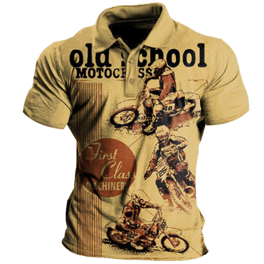

Men's Vintage Motorcycle Print Polo Neck T-Shirt