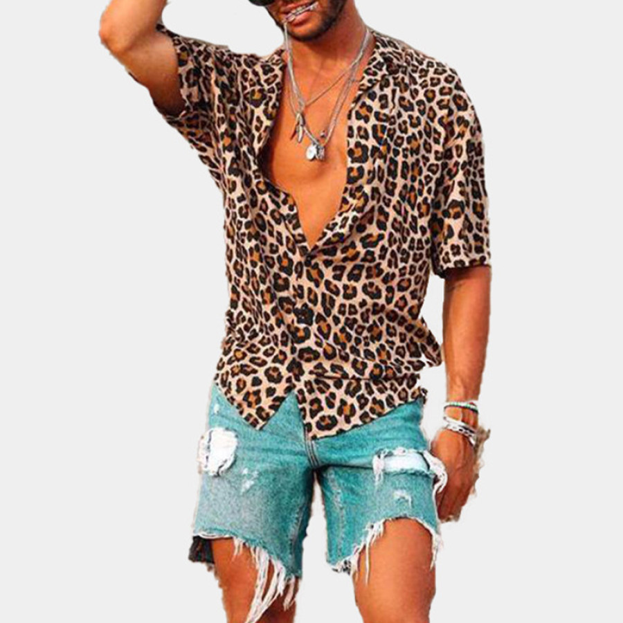 

Men's Casual Loose Cotton Linen Leopard Print Short-sleeved Shirt