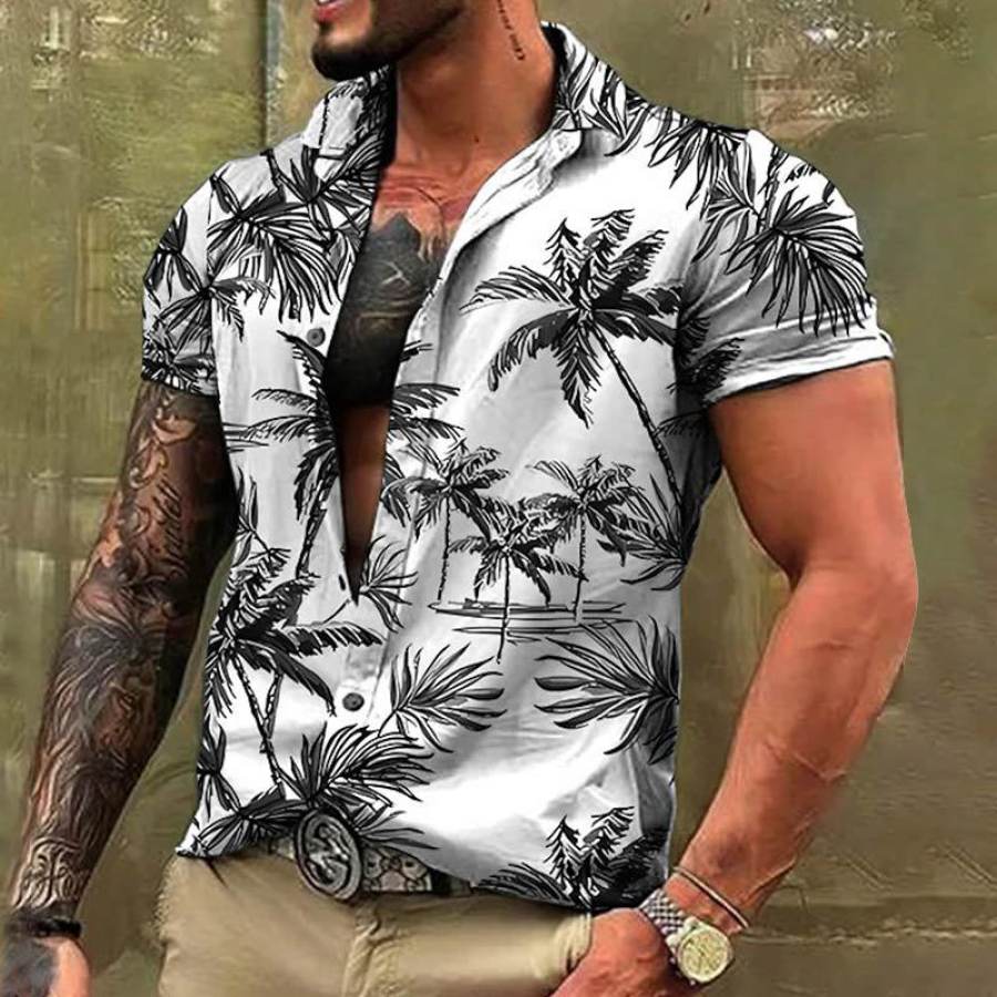 

Camisa Masculina Casual De Manga Curta Com Estampa De Palmeira Havaiana