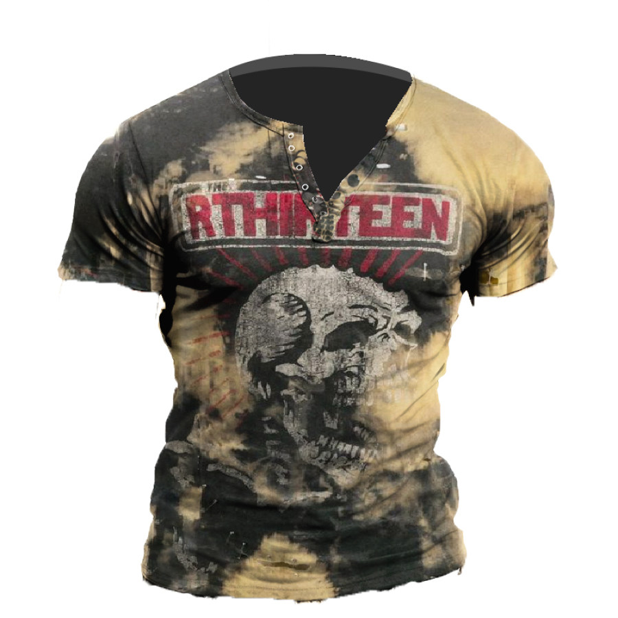 

Men's Vintage Tie Dye Skull Graphic Print Henley Collar T-Shirt