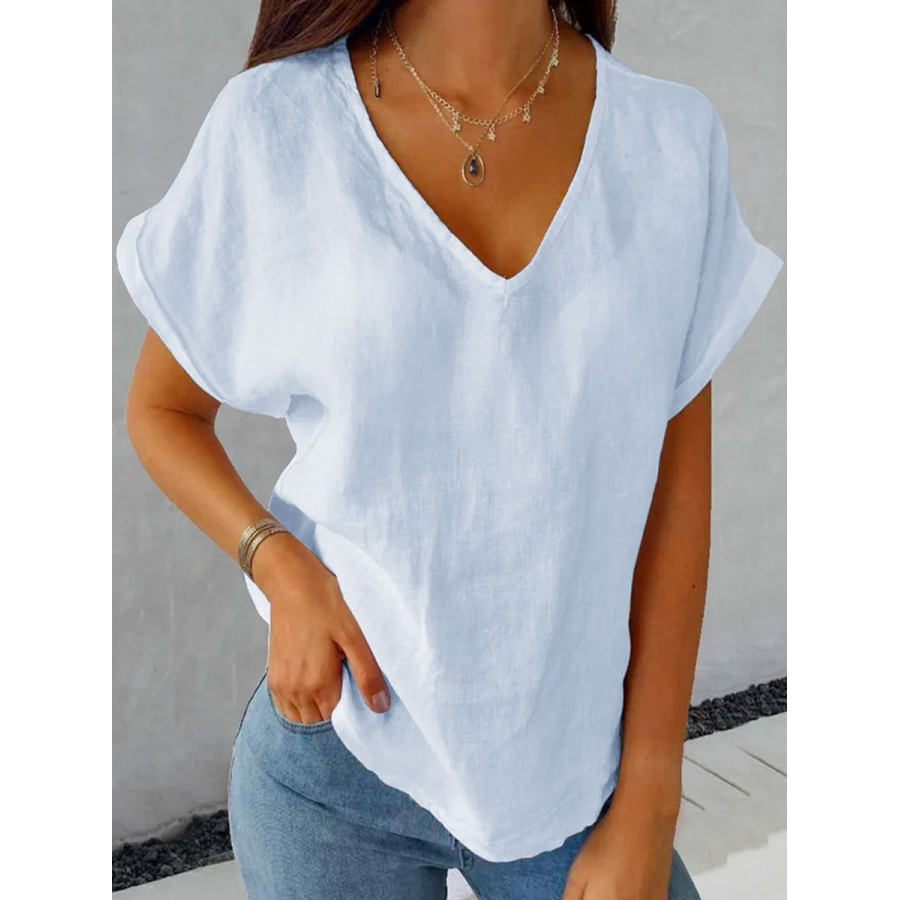 

Camicetta A Maniche Corte Casual Tinta Unita Con Scollo A V