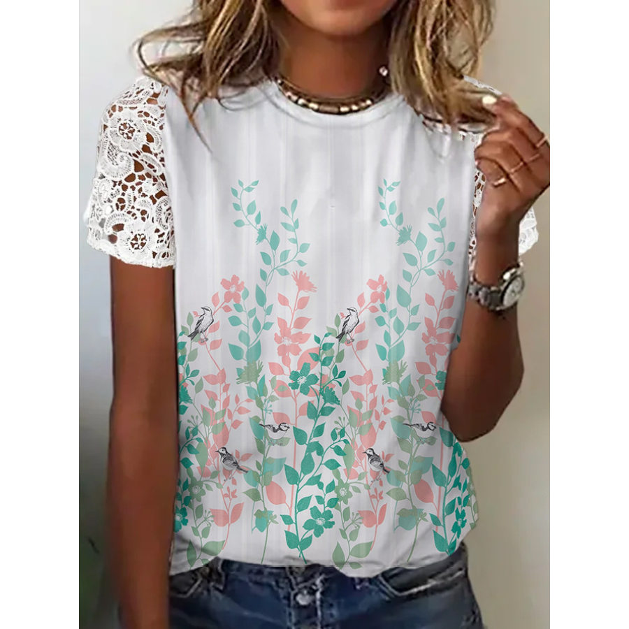 

Round Neck Loose Floral Print Lace Panel Short Sleeve T-Shirt