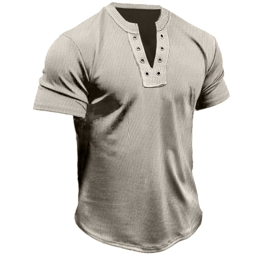 

Men's Casual Waffle Eyelet Plain Button V-Neck T-Shirt
